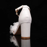 Pbong  Fashion Summer Lace Flowers Pearls Ankle Strap Women Sandals Big Size 35-43 Thick High heels Sweet Girls Party Prom Shoes