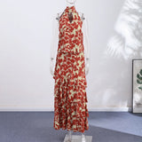 Pbong   Sexy Printed Women's Dress Fashion Halter Hollow Out Sleeveless Female Dresses Summer Holidays Vacation Lady Robe New