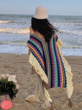 Pbong  Vintage Bohemian Chic Cloaks Capes Boho Ruffles Women Spring Autumn Knitted Ethnic Capes Tassels Cloak Poncho Outwear