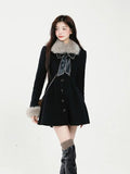 Women Elegant Long Sleeve Mini Dress Warm Winter Sweet Faux Fur Collar Woolen Dress Female Vintage A-line Party Dress