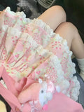 Pbong  Retro Floral Cute Skirts Women High Waist Sweet Japan Mini Skirt Casual Lace Patchwork Vintage Female Elegant Kawaii Skirt