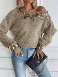 Elegant Sequined round Neck Pullover Knitted Sweater Long Sleeve Fashionable Women's Holiday Party Wear