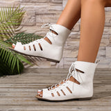 Pbong  White Hollow-Out Lace-Up Roman Sandals for Women, Summer New Open-Toe Flat Shoes with Hidden Height, High-Top Vacation-Style