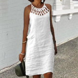 Vintage Dress Cotton Linen Women Clothing Summer Hallow Out Casual Chic Tunic Fashion Oversize Midi White Dresses Vestidos
