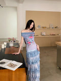 Romance Off The Shoulder Floral Sleeveless Mesh Top Gradient Blue Summer Tank Top Woman 2025 Korean Fashion
