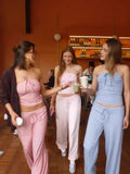 Stripe Tube Top And Long Trouser Sweet Chic Summer Outfits Strapless Tank + Wide Leg Pant Set 2025 New Casual Knit Women Sets