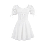 Pbong  Solid Slimming Spliced Lace Dresses for Women Square Neck Short Sleeves Patchwork Folds Tunic Dress Female Clothing