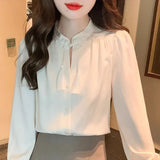 Pbong  Long Sleeve Shirts Womens Satin Oversized Button Down Tops Lantern Sleeves Polka Dot Pleated Hem Minimalist French Style Preppy