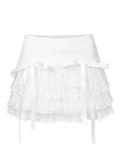 Sweet Kawaii Skirts Women Lolita Coquette Lace Bow Patchwork Mini Skirt White High Waist Cute Summer A-line Short Skirt