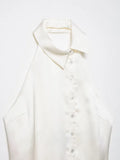 New French Elegant Halter Soft Satin Shirts Y2k Sexy Backless Simple Summer Women Camisole Harajuku Single Breasted Clothes