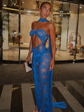 Lace See Through Strapless Sexy Maxi Dress For Women Gown Halter Hollow Out Sleeveless Backless High Split Long Dress