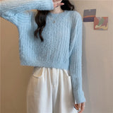 Fuzzy Knit Top Women Pullover Long Sleeve Plain Crop Sweate Pink Fluffy Jumper for Women Teen-girl Fall Winter Y2K Outfit