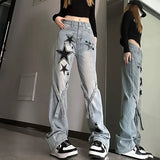 Pbong  Y2K Spider Web Denim Jeans Women's High Waist Slimming Loose Straight Leg Casual Long Trousers Trendy Gothic Style