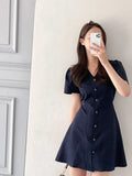 Pbong  Sweet Short Dress Women's Summer New Style High Waist Slim Fit V-neck Korean Version Commute A-line Skirt Bubble Sleeve