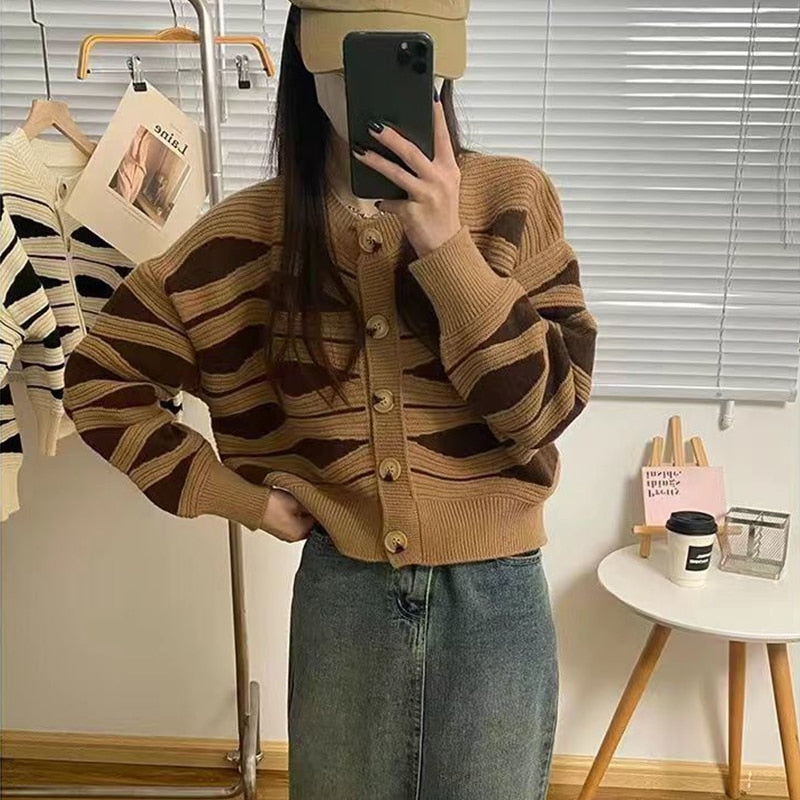 Women Wave Stripe Sweater Cardigan Autumn Long Sleeve Knitted Cardigans Lazy Sweater Female Single Breasted Knit Coat