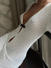 Summer Beach Holiday Knitted Maxi Dress Outfits for Women Party Club Long Sleeve See Through Dresses Hollow Out