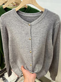 Gold Button Long Sleeve Sweaters Cardigan for Women Spring Autumn O-Neck Button-up Knit Jacket Tops Knitwear Basic Tops