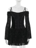 Goth Black Lace Flocking Off-Shoulder Flared Sleeve Party Dresses Y2K Vintage Velvet Patchwork A-Line Mini Dress Women