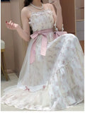 2025 Summer French Sweet Floral Sling Dress Women Bow Tie Mesh Slim Fit Dresses Korean Elegant A-Line Casual Fashion Clothing