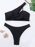 Rib One Shoulder Bikini Set Thong Swimsuit Women Solid Padded Swimwear Female Sexy Bathing Suit Swimming Summer Beachwear