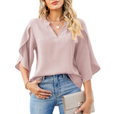 Pbong  Lady Casual Short Flare Sleeve V-Neck Loose Blouse TopsWomen Summer Style Chiffon Blouses Shirts