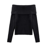 Women Off Shoulder Sweater Long Sleeve Off-the-Shoulder Knitted Tops Rib-knit Jumper Pullover Female Casual Outfit Fall Winter