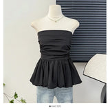 French One Shoulder Pleated Slim Tube Top Women Sexy Waist Ruffled Sleeveless Vests Summer Y2k Solid All Match Tanks