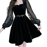 Pbong  French Style Square Collar Velvet Dress Women's Autumn New Waist Cinching Slimming Dress New Long Sleeve Mini Dress