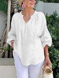 Pbong  Long Sleeve V Neck Button Blouses And Tops Daily Elegant Top Female Fashion Cotton Linen Solid Loose Shirts Women Summer Casual