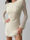 Pbong  Y2k Sexy O Neck Long Sleeve Backless Jacquard Solid Slim Lace-up Short Fashion Dresses