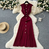Brand Fashion Women Knitted Summer Dress Elegant Single-breasted Slim Waist Long Shirt Dress Office Lady Vestidos