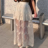 Pbong  Sweet Long Korean for Women High Waist A-line Embroidery Jupe  Fashion See Through Lace Summer Skirt