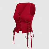 Vests Spring Summer French  Skinny Fit Single Breasted Lace-Up Sleeveless V-Neck Fashion Vests For Women