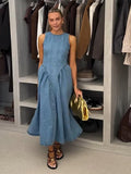 Trendy Women's Summer Denim Dresses Backless Sleevess Long O-Neck Dress Female Vintage Washed Blue Casual Daily Beach Streetwear