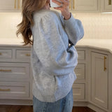 Pbong  Women Autumn Knit Cardigans with Pockets Casual Button Up O Neck Long Sleeve Knitwear Vintage Loose Fit Sweater Coats Winter