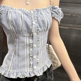 Sweet Blue Plaid Puff Sleeve Women Cropped Shirts Square Collar Korean Fashion Ruffle Blouses Slim Aesthetic Summer