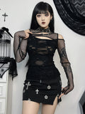 Gothic Mesh Hole Long Sleeve T-Shirts Women's Mock Neck Slim Fit Fishnet Sheer Blouse Cut Out Rave Tops See Through Top