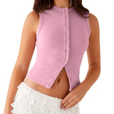 Women Tank Tops y2k Clothing Summer Solid Color Round Neck Sleeveless Button Down T Shirts Vest 2000s Aesthetic Clothes