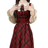 Pbong  Single Piece School Style Japanese Plaid Strap Dress Women Student Waist Cinching Slimming Midi Length Overalls Skirt Set