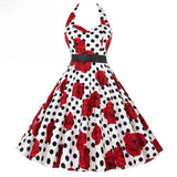Summer Vintage Hepburn Style Dress Embroidered Neck Hanging Print High Waist Cotton No Sleeve Full Skirt Length A-Line Dress