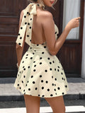 Pbong  Cream Polka Dot Halter Neck Mini Romper with Flared Skirt