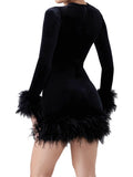Pbong  Women Autumn Dress Feather Trim Long Sleeve Bodycon Mini Dress Elegant Club Party Retro Sexy Korean Fashion Dresses