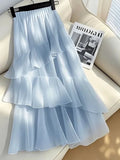 Chic Ruffles Chiffon Long Skirt Women High Waist Elegant Fashion Sweet Skirts Korean Casual Soft Female Blue Long Skirt New