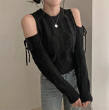 Pullovers Woman Cut-out Shoulder with Bow Long Sleeve Crew Neck Crop Sweater Cable Knit Cut-out Jumper Knitted Top Y2K