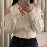Pullovers Woman Cut-out Shoulder with Bow Long Sleeve Crew Neck Crop Sweater Cable Knit Cut-out Jumper Knitted Top Y2K