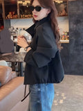 England Stand Collar Jacket Women Loose Long Sleeve Vintage Short Coat Fall Causal Double Breasted Lady Elegant Design Tops