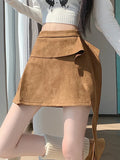 Sexy Slim Faux Suede Skirt Women High Waist Streetwear Vintage Bow Mini Skirts Fall Winter Casual American A Line Skirt New