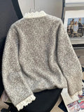 Faux Mink Cashmere Gray Cardigan Women Lace Patchwork Long Sleeve Elegant Knitted Sweaters Vintage Korean Casual Pockets Tops