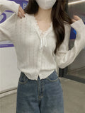 Women's Pointelle Knit Cardigan with Bow Long Sleeve Button Front Sweater Openwork Cardi Teen-girl Fairycore Balletcore Outfit