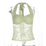 Lace Halter Neck Vest Women's Vacation Hot Girl Sexy Tanks Top Plunge Slim Sleeveless See Through Fashion Summer Camis
